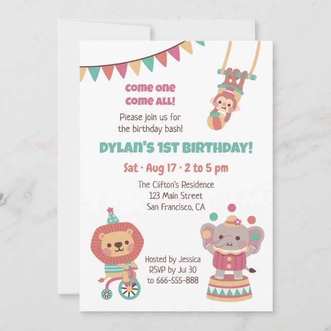 Invitation Animaux de cirque mignons pour fête d'anniversaire (Devant)