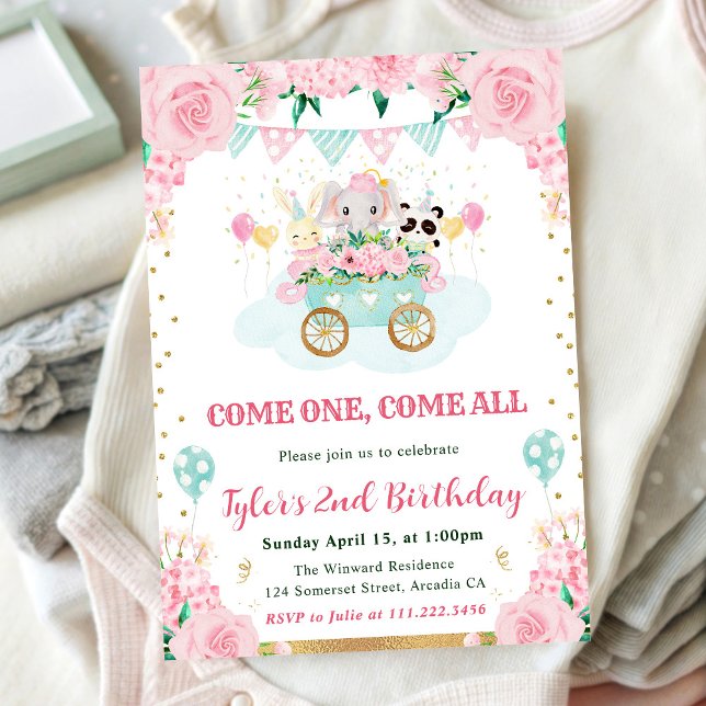 Invitation Animaux de cirque rose aquarelle pour fête d'anniv (Créateur téléchargé)