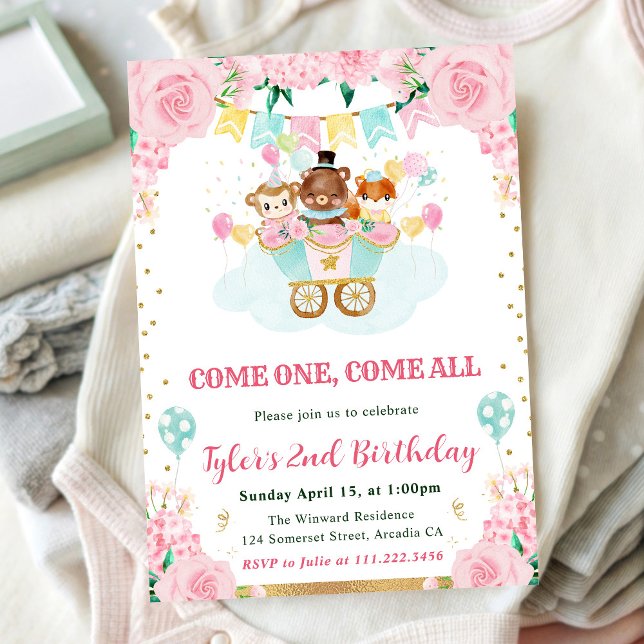 Invitation Animaux de cirque rose aquarelle pour fête d'anniv (Créateur téléchargé)