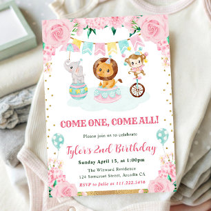 Invitation Animaux de cirque Rose Aquarelle pour fête d'anniv