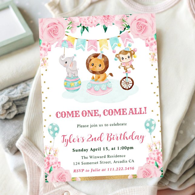Invitation Animaux de cirque Rose Aquarelle pour fête d'anniv (Créateur téléchargé)