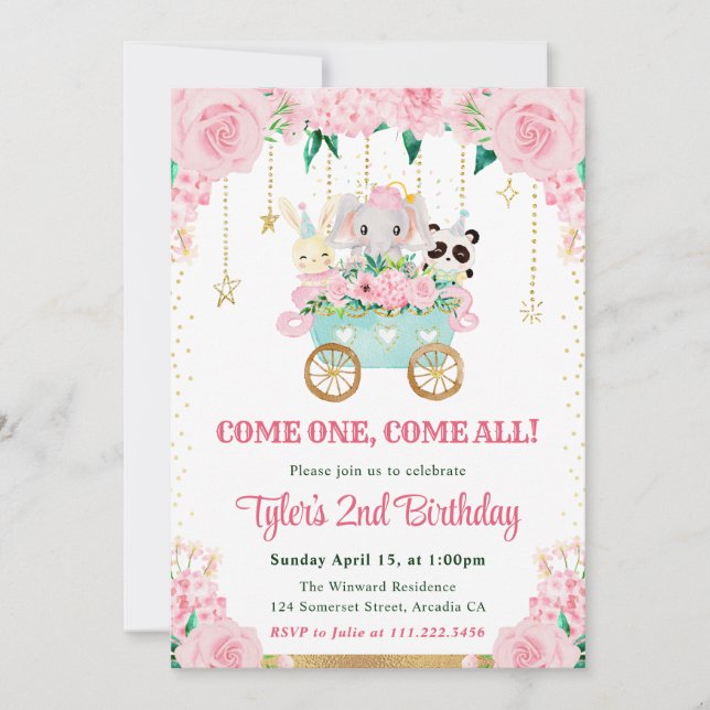 Invitation Animaux de cirque rose aquarelle pour fête d'anniv (Devant)