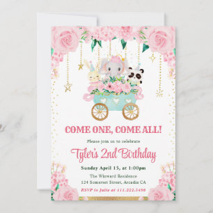 Invitation Animaux de cirque rose aquarelle pour fête d'anniv