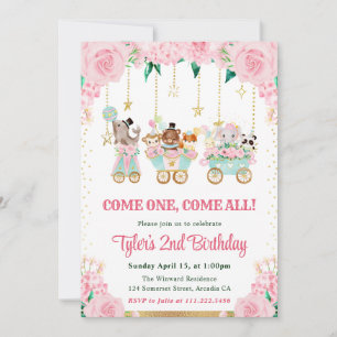 Invitation Animaux de cirque rose aquarelle pour fête d'anniv