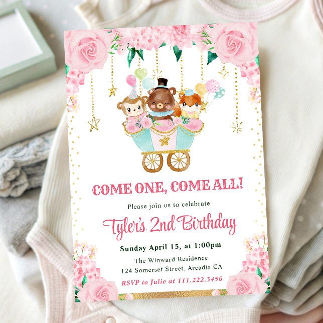 Invitation Animaux de cirque roses à l'aquarelle pour fête d' (Créateur téléchargé)