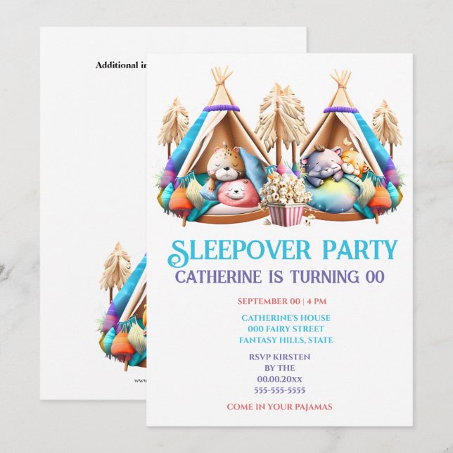 Invitation Animaux de dessin de Teepee dormant enfants de pop (Devant / Derrière)