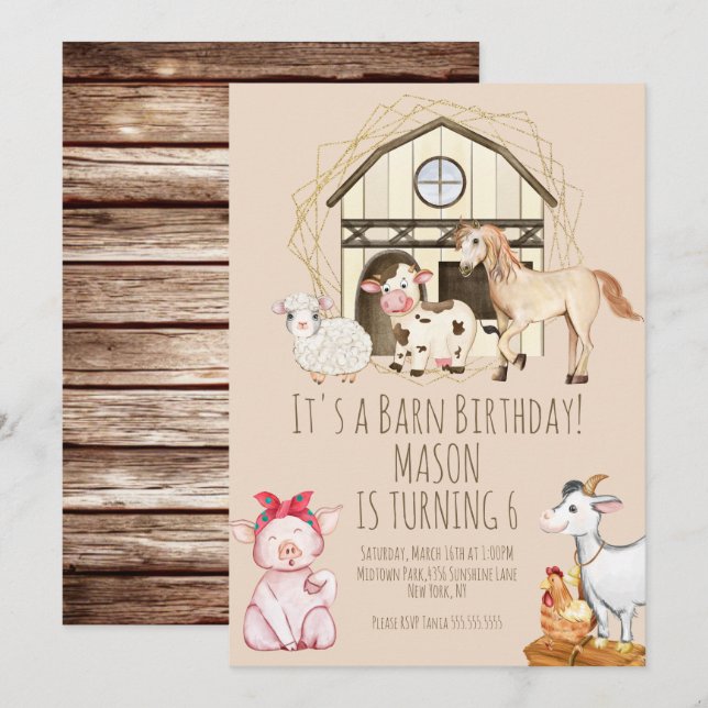 Invitation Animaux de Ferme à l'Aquarelle Fête d'Anniversaire (Devant / Derrière)
