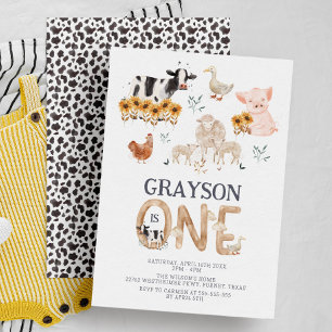 Invitation Animaux de ferme Aquarelle moderne 1er anniversair