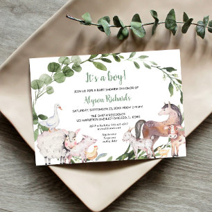 Invitation Animaux de ferme aquarelle verdure garçon baby sho
