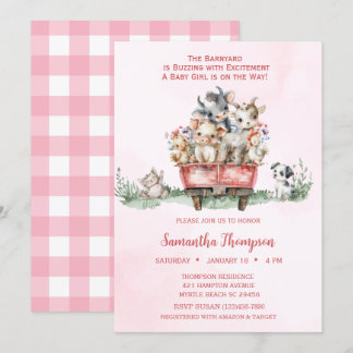 Invitation Animaux de ferme Baby shower de camion rose