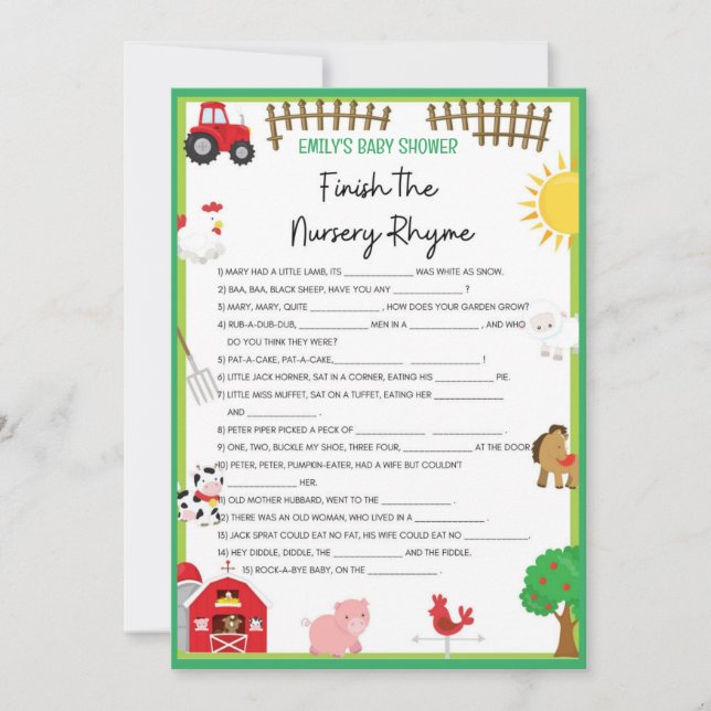 Invitation Animaux de ferme Baby shower Taille du jeu Invitat (Devant)