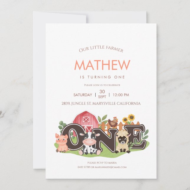 Invitation Animaux de ferme Barnyard 1er premier anniversaire (Devant)