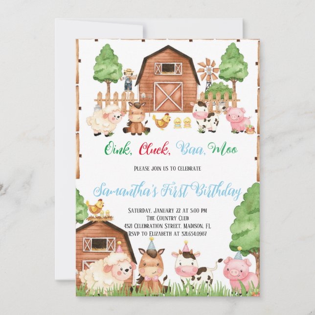 Invitation Animaux de ferme Barnyard Blue Boy Fête d'annivers (Devant)