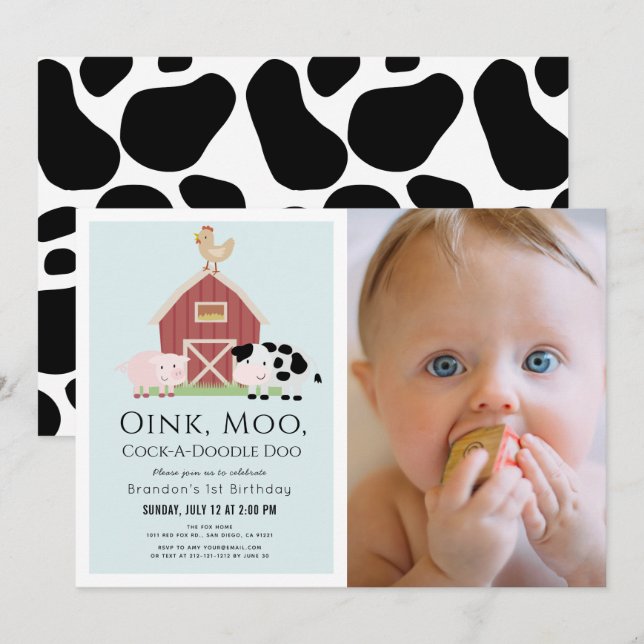 Invitation Animaux de ferme Barnyard Blue Boy Photo 1er anniv (Devant / Derrière)