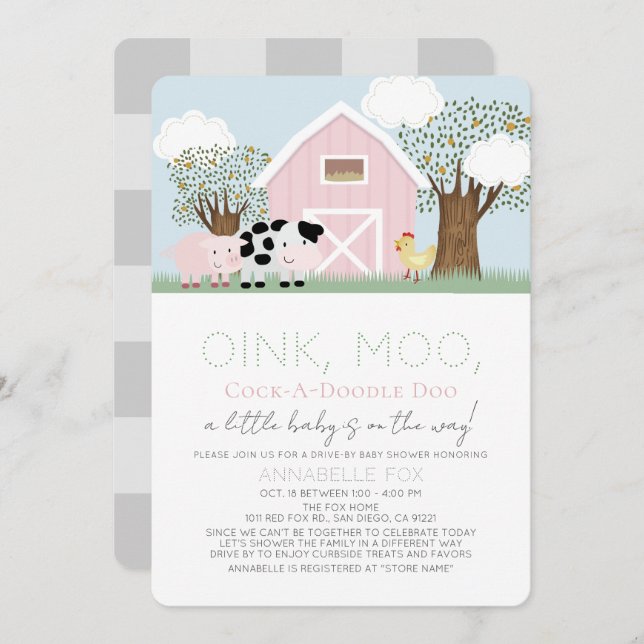 Invitation Animaux de ferme Barnyard Pink Baby shower Drive-b (Devant / Derrière)