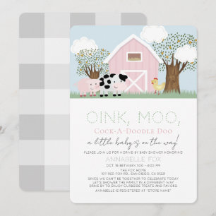 Invitation Animaux de ferme Barnyard Pink Baby shower Drive-b