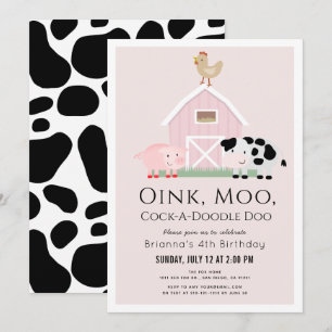 Invitation Animaux de ferme Barnyard Pink Girl Anniversaire