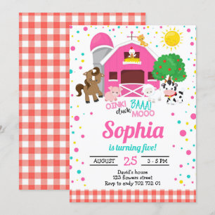 Invitation Animaux de ferme Barnyard Pink Plaid Girl Annivers