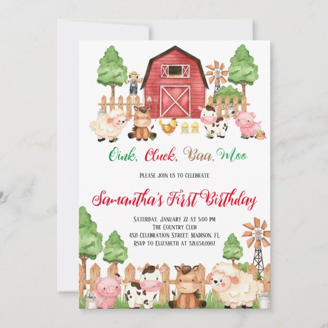 Invitation Animaux de ferme Barnyard Red Boy fête d'anniversa (Devant)