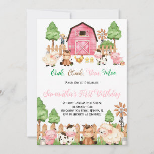 Invitation Animaux de ferme Barnyard Rose fille fête d'annive