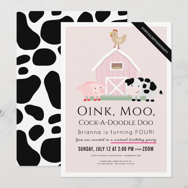 Invitation Animaux de ferme Barnyard Rose Girl Anniversaire v (Devant / Derrière)