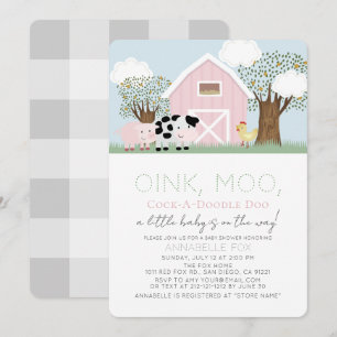 Invitation Animaux de ferme Barnyard rose Grange Baby shower