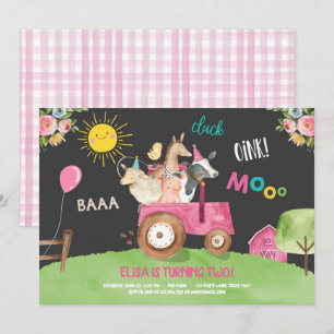 Invitation Animaux de ferme Barnyard Tracteur Pink Farmhouse