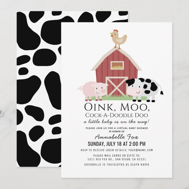 Invitation Animaux de ferme Barnyard White Baby shower virtue (Devant / Derrière)