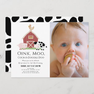 Invitation Animaux de ferme Barnyard White Photo 1er annivers