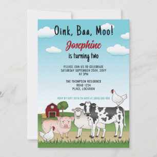 Invitation Animaux de Ferme de Dessin Animé Mignon Anniversai