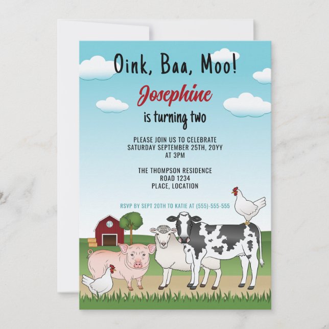 Invitation Animaux de Ferme de Dessin Animé Mignon Anniversai (Devant)
