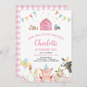 Invitation Animaux de ferme de la grange rose Barnyard Girl 2