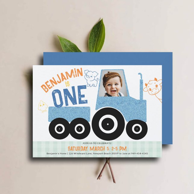 Invitation Animaux de ferme Denim Tractor mignonne Photo 1er  (farm tractor birthday invitation 1st first boy photo animals barnyard cute illustration denim blue)