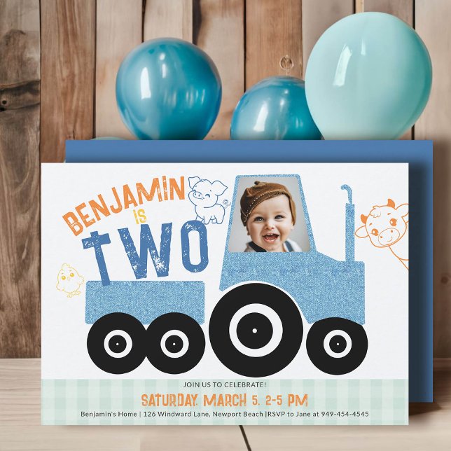 Invitation Animaux de ferme Denim Tractor mignonne Photo 2e a (farm tractor birthday invitation 2nd second boy photo animals barnyard cute illustration denim blue )