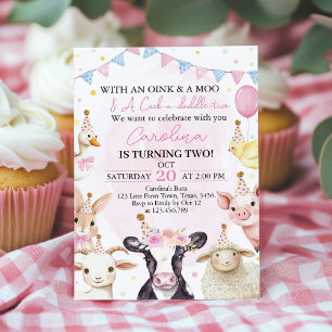 Invitation Animaux de ferme Fille rose Barnyard 2e anniversai