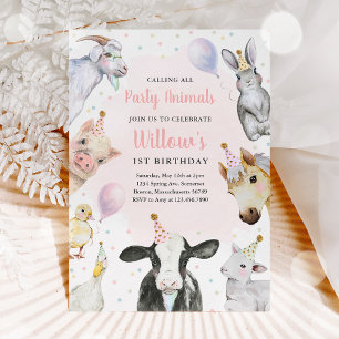 Invitation Animaux de ferme Fille rose Barnyard fête d'annive
