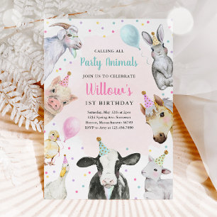 Invitation Animaux de ferme Fille rose Barnyard fête d'annive
