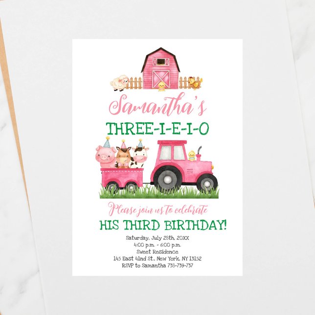 Invitation Animaux de ferme Fille rose Barnyard fête d'annive (Créateur téléchargé)