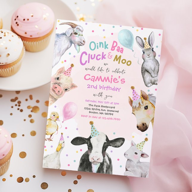 Invitation Animaux de ferme Fille rose Barnyard fête d'annive (Créateur téléchargé)