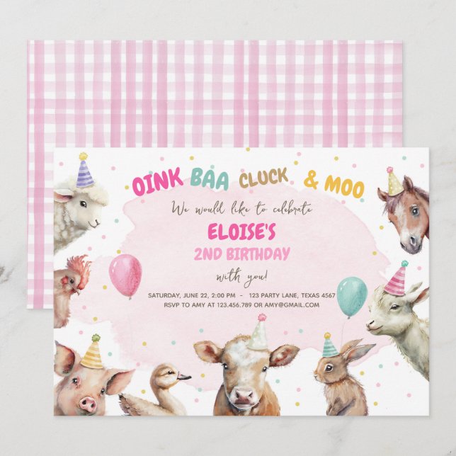 Invitation Animaux de ferme Fille Rose En vichy Barnyard Anni (Devant / Derrière)