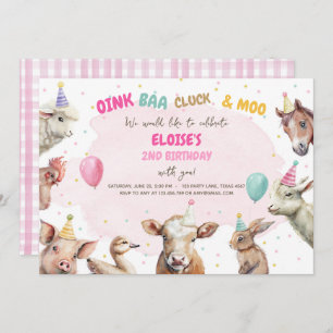 Invitation Animaux de ferme Fille Rose En vichy Barnyard Anni