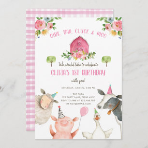 Invitation Animaux de ferme Fille rose En vichy Barnyard Anni