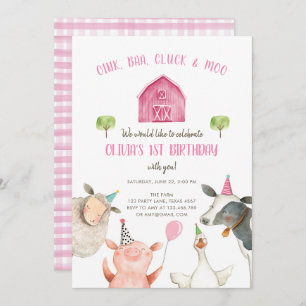 Invitation Animaux de ferme Fille rose En vichy Barnyard Anni
