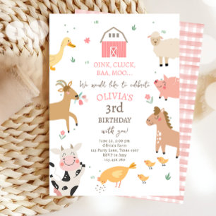 Invitation Animaux de ferme Fille rose En vichy Barnyard Anni