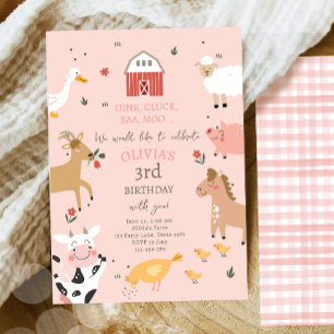 Invitation Animaux de ferme Fille Rose En vichy Barnyard Anni