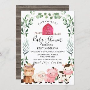 Invitation Animaux de ferme Foliage Wreath Baby shower Invita