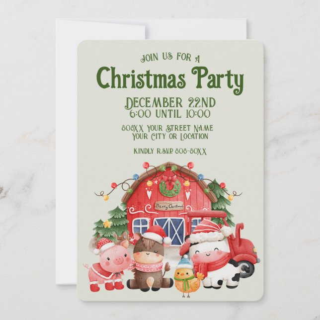 Invitation Animaux de ferme mignons de Noël sur sauge (Devant)