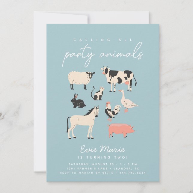 Invitation Animaux de ferme modernes Anniversaire | Bleu pous (Devant)