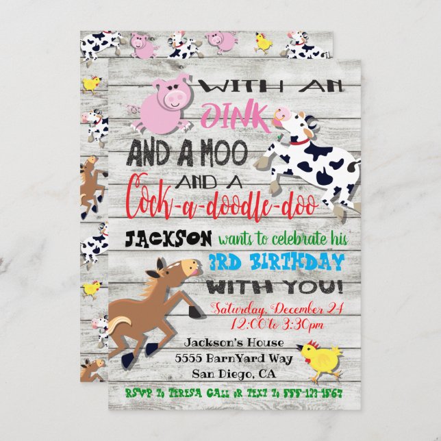 Invitation Animaux de ferme Photo Anniversaire Fête Invitatio (Devant / Derrière)