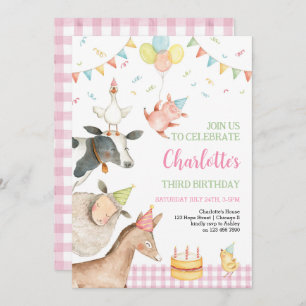 Invitation Animaux de ferme Pink Barnyard Girl 3e anniversair